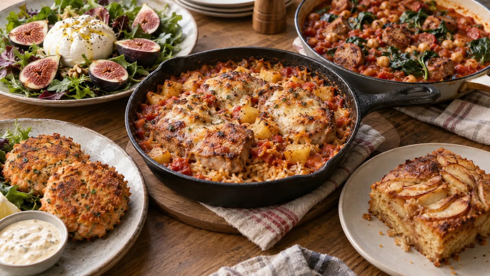 Baked pork chop rice in a cast-iron skillet, surrounded by salmon patties, a fig and burrata salad, sausage and chickpea stew and a slice of apple cake