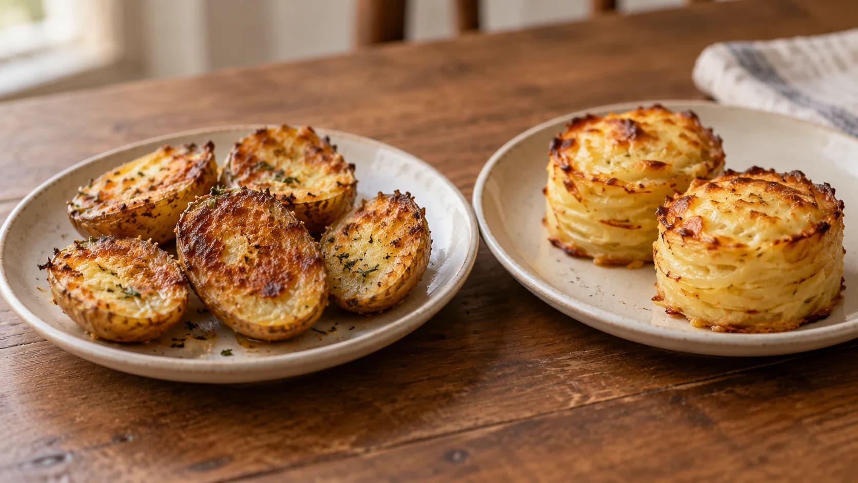 Parmesan-crusted potato halves beside two small potato gratin stacks on plain plates
