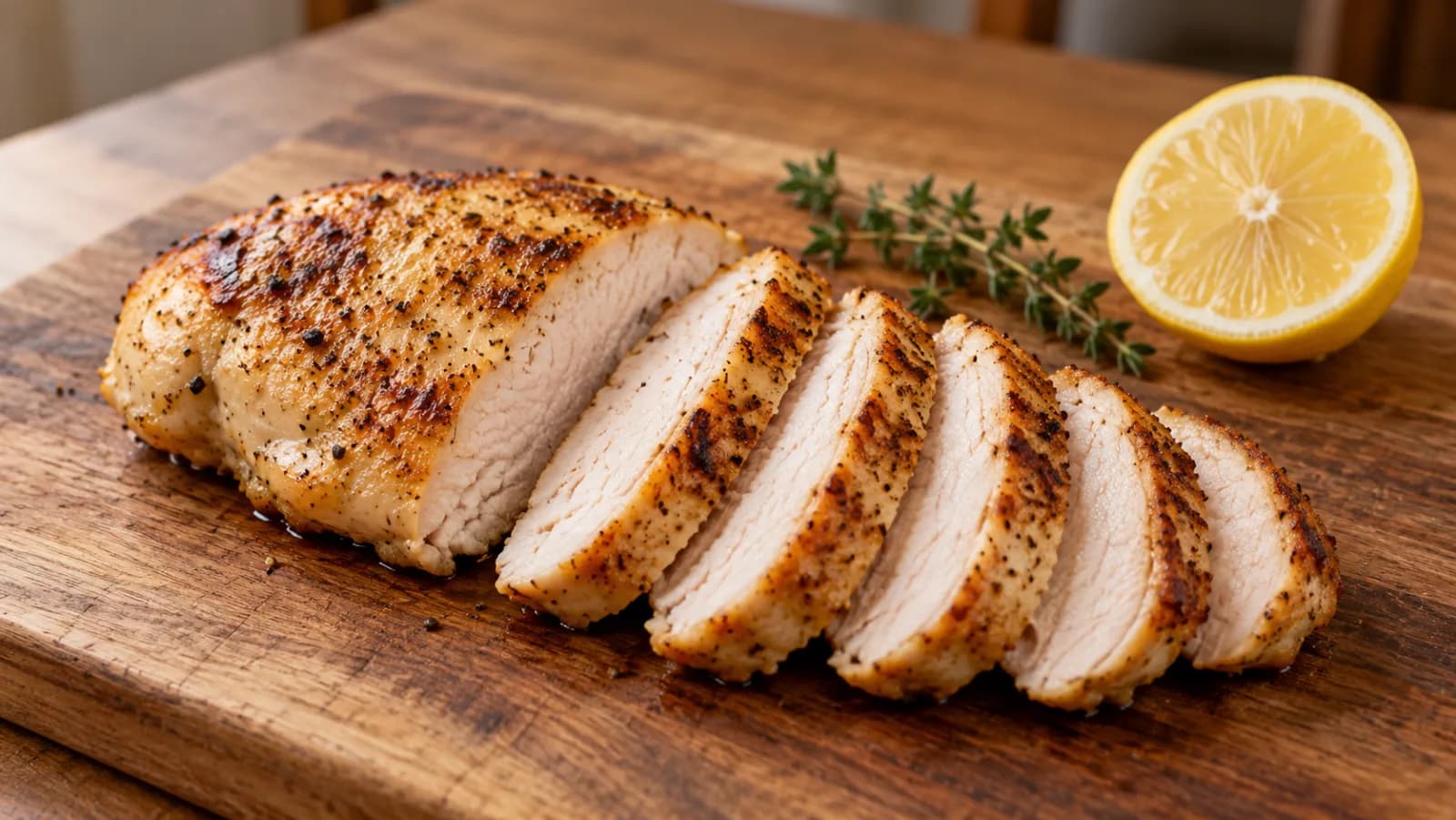 A browned chicken breast on a wooden board, sliced across the grain to show a moist white interior, with thyme and half a lemon